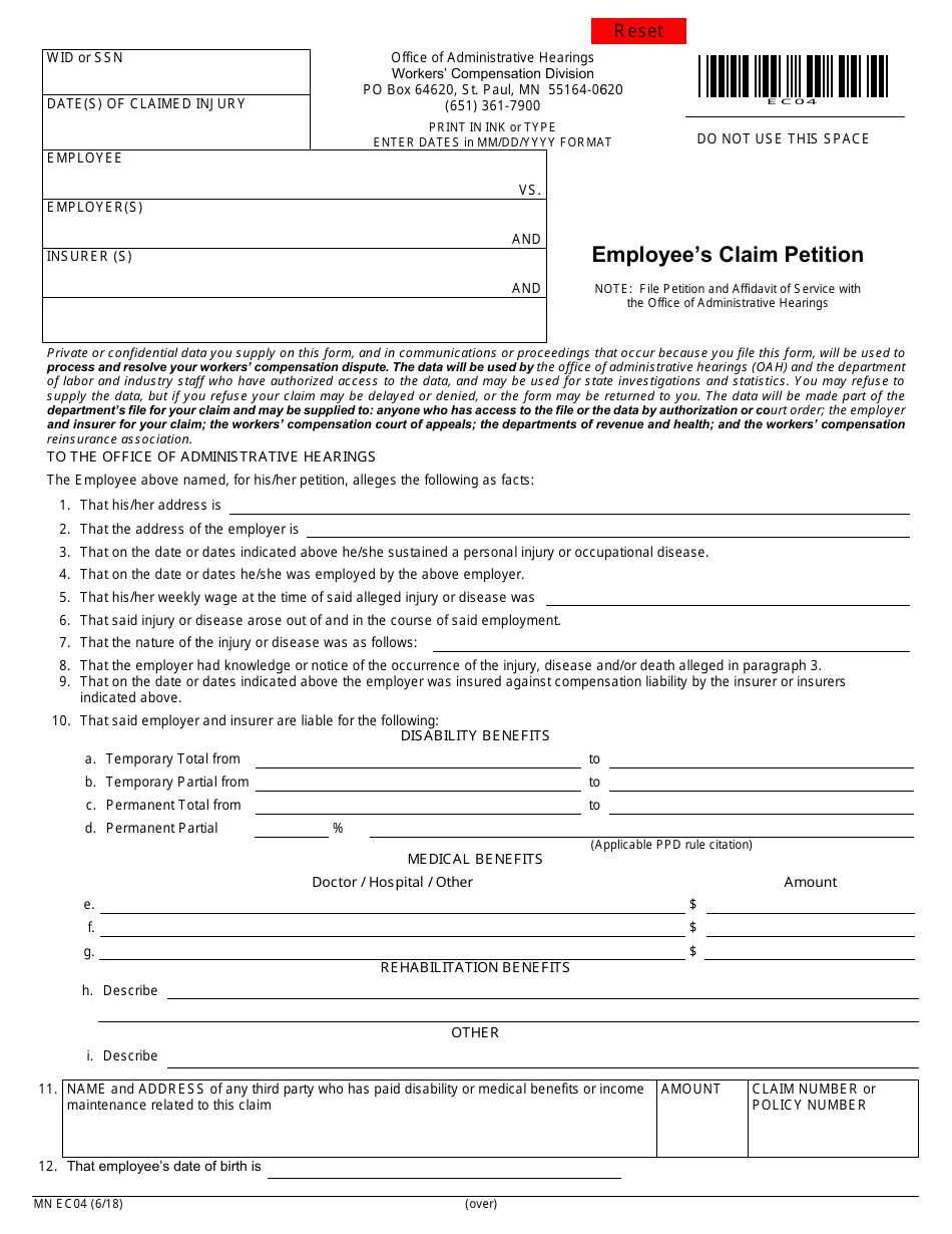 Form MN EC04 Employees Claim Petition - Minnesota, Page 1