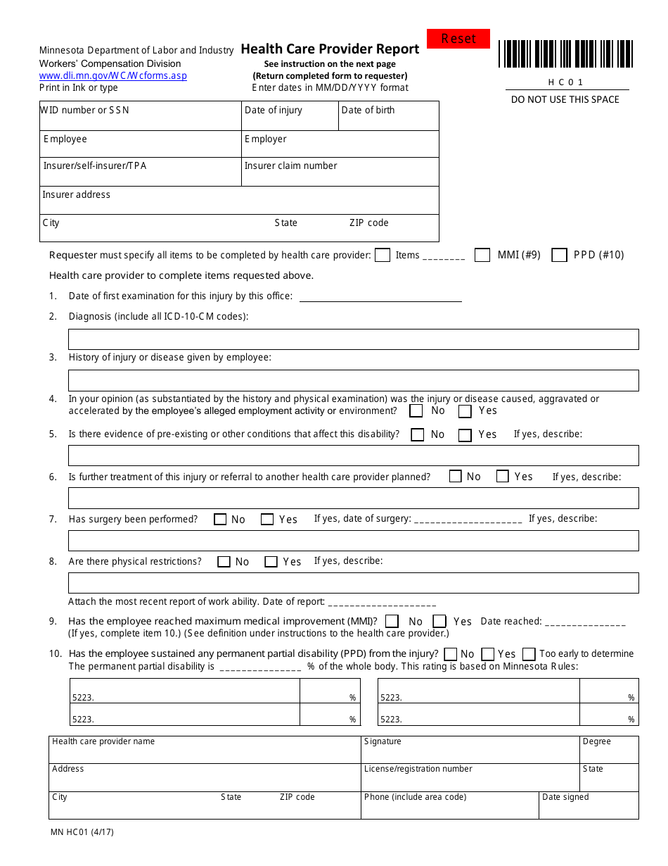 Form MN HC01 Health Care Provider Report - Minnesota, Page 1