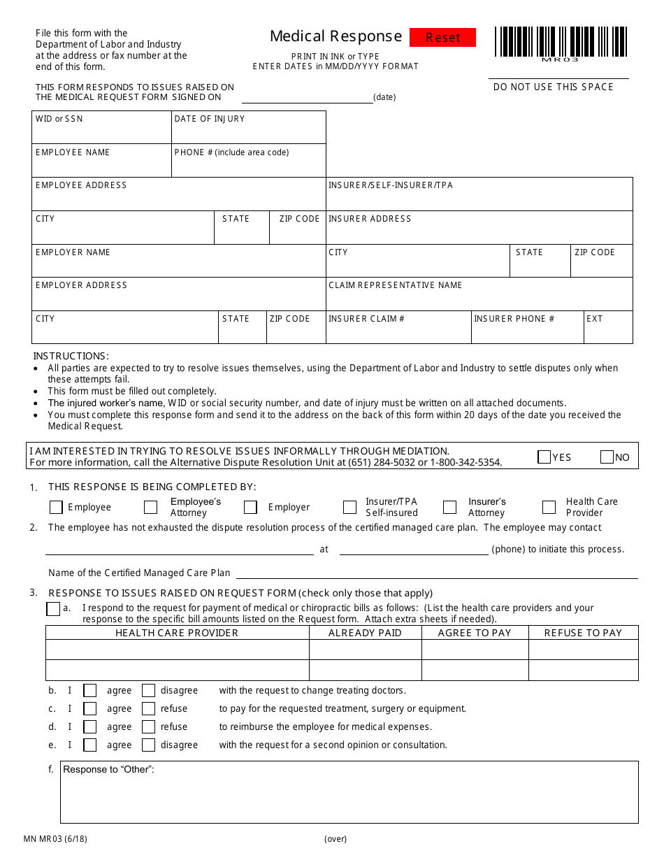 Form MN MR03 Medical Response - Minnesota, Page 1