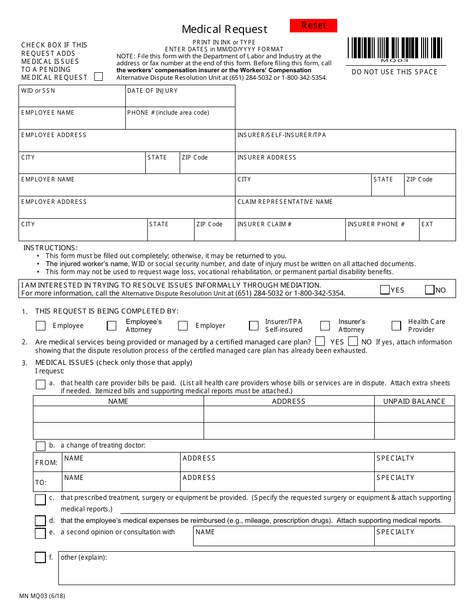 Form MN MQ03 Medical Request - Minnesota, Page 1