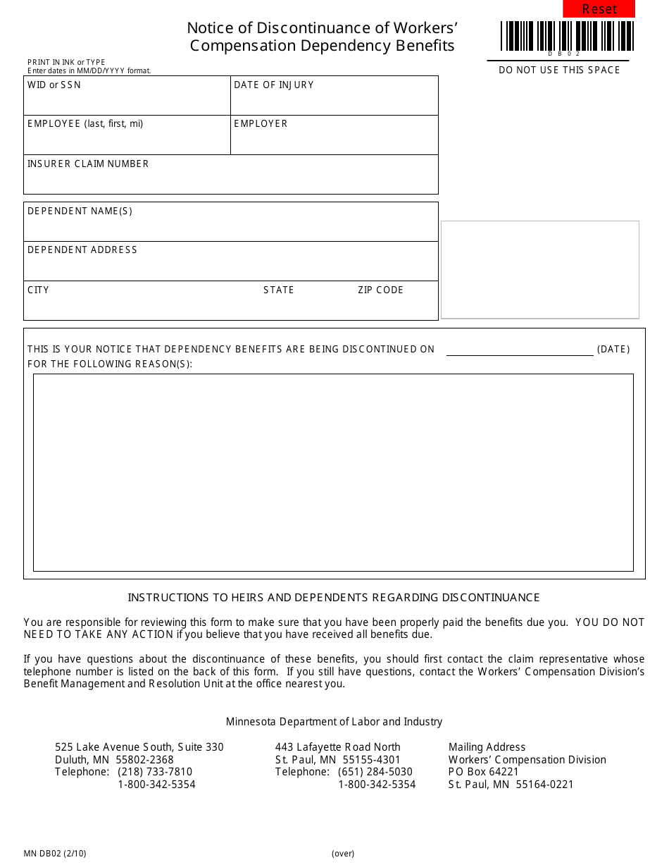 Form MN DB02 Notice of Discontinuance of Workers Compensation Dependency Benefits - Minnesota, Page 1