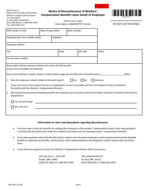 Form MN BD02 Notice of Discontinuance of Workers' Compensation Benefits Upon Death of Employee - Minnesota
