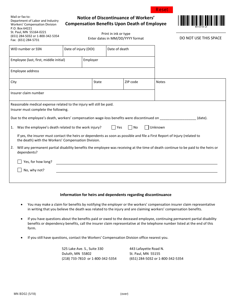 Form MN BD02 Notice of Discontinuance of Workers Compensation Benefits Upon Death of Employee - Minnesota, Page 1