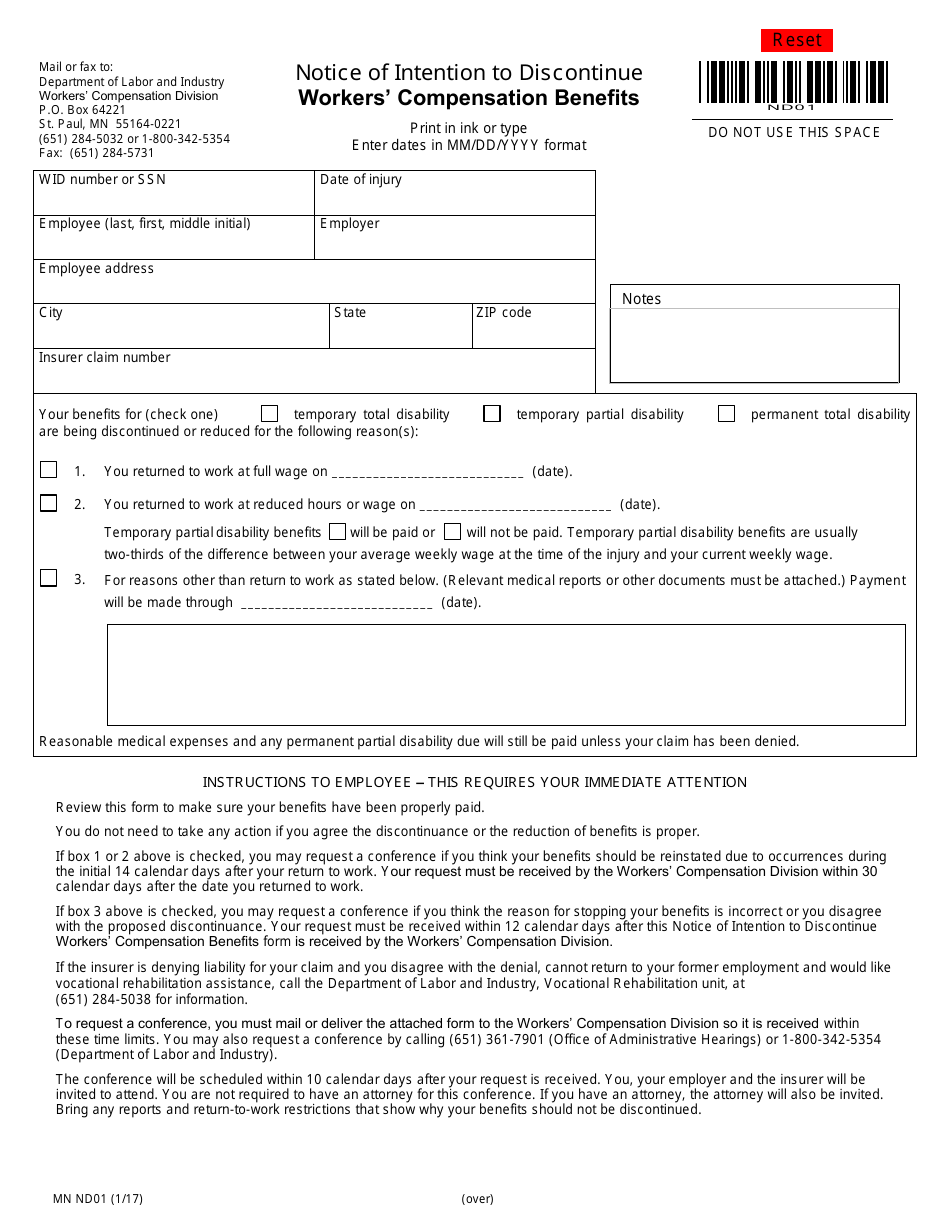 Form MN ND01 Notice of Intention to Discontinue Workers Compensation Benefits - Minnesota, Page 1