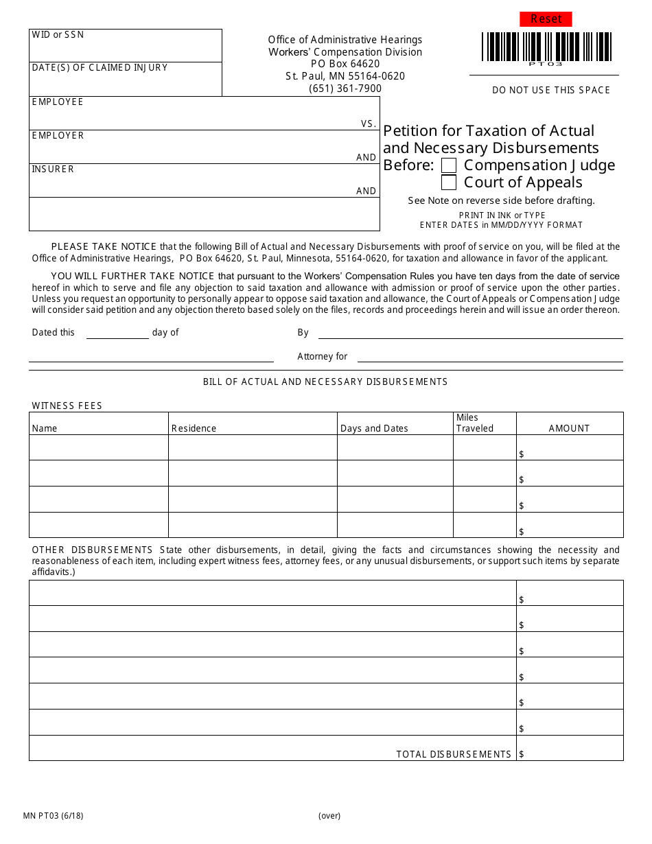 Form MN PT03 Petition for Taxation of Actual and Necessary Disbursements - Minnesota, Page 1