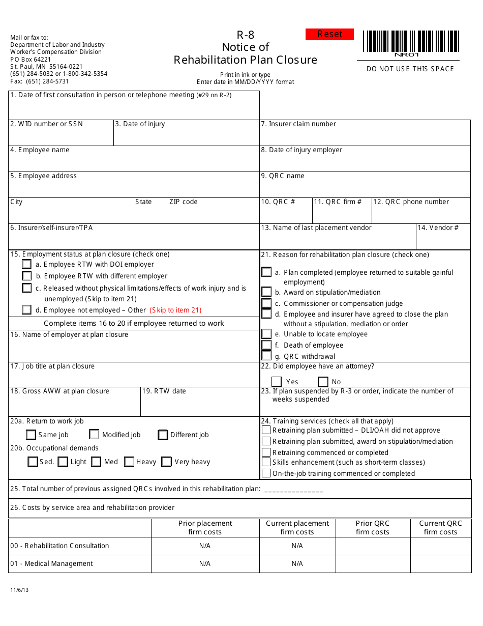Form R-8 Notice of Rehabilitation Plan Closure - Minnesota, Page 1