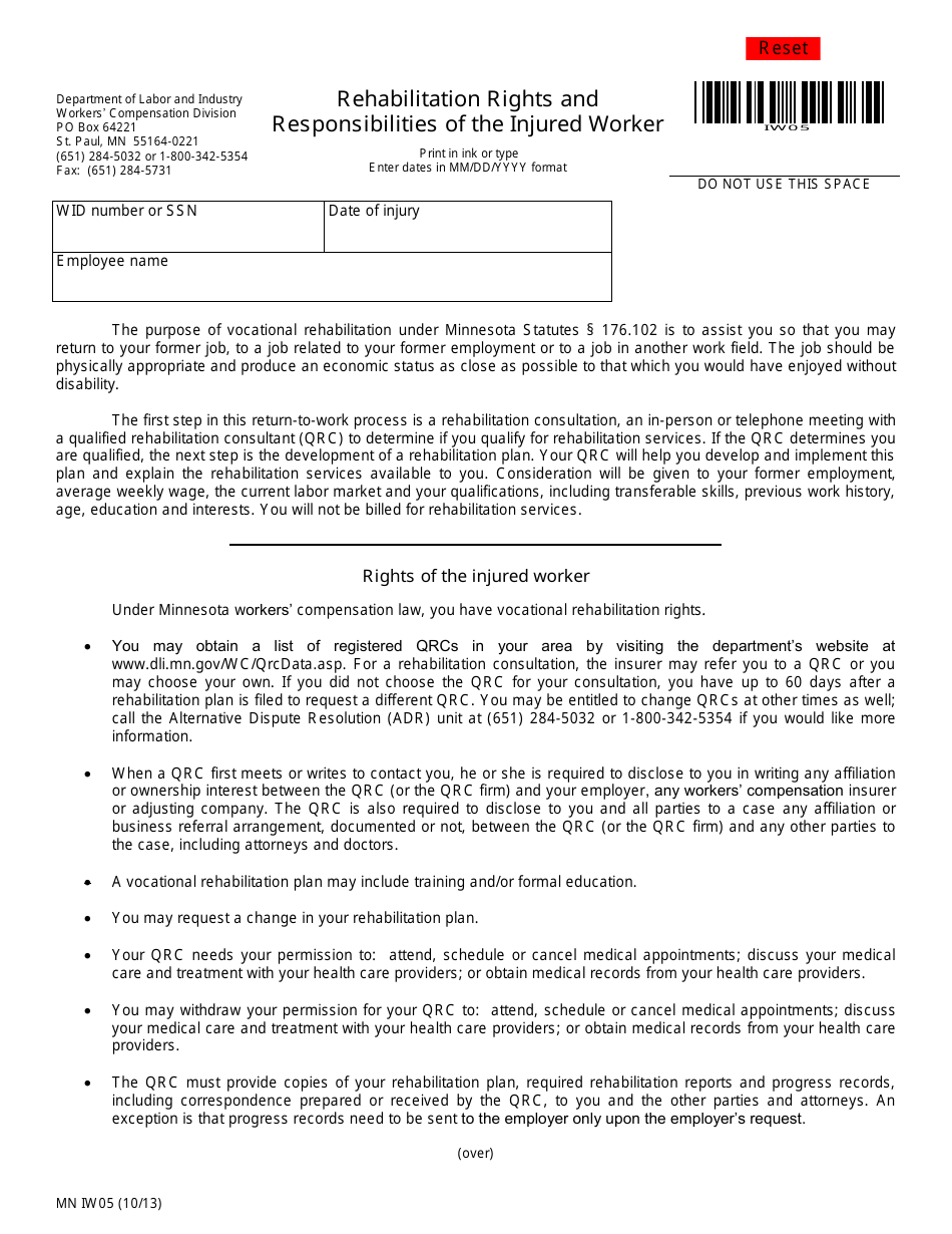 Form MN IW05 Rehabilitation Rights and Responsibilities of the Injured Worker - Minnesota, Page 1