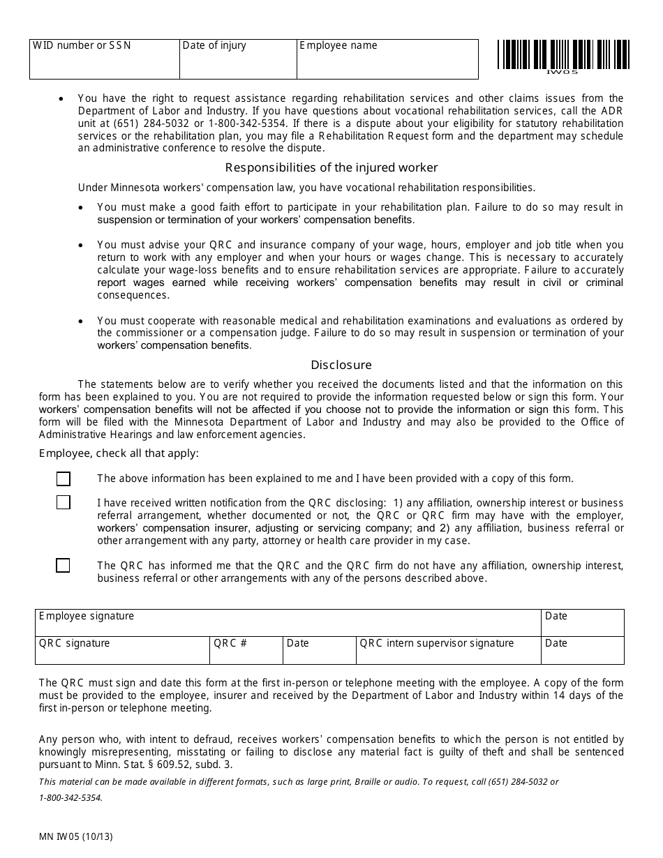 Form MN IW05 Rehabilitation Rights and Responsibilities of the Injured Worker - Minnesota, Page 2