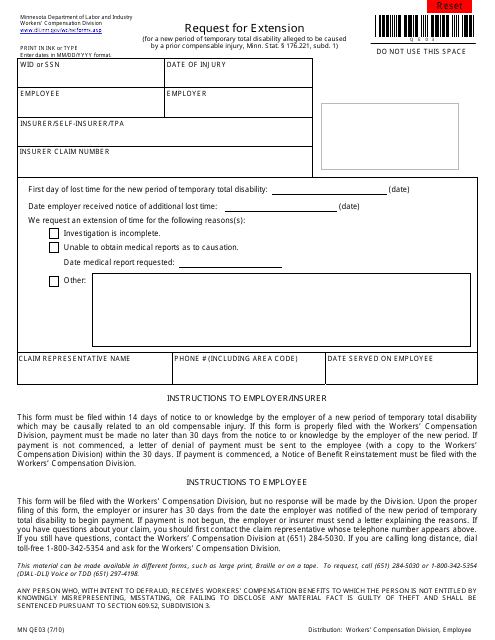 Form MN QE03 Request for Extension - Minnesota