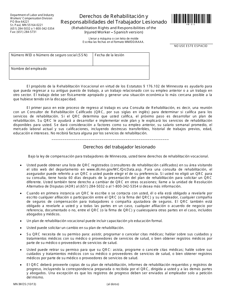 Formulario MN IWO5 Derechos De Rehabilitacion Y Responsabilidades Del Trabajador Lesionado - Minnesota (Spanish), Page 1