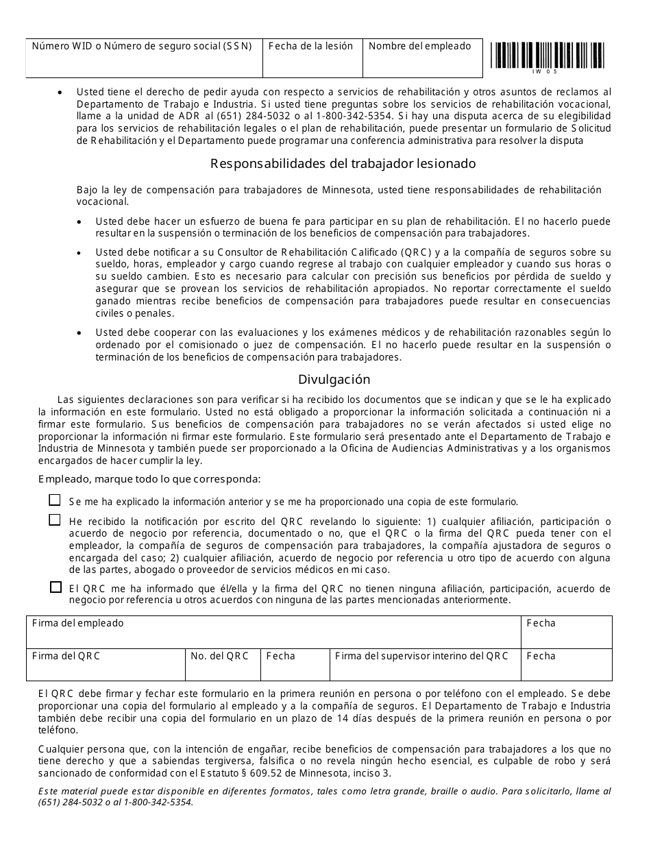Formulario MN IWO5 Derechos De Rehabilitacion Y Responsabilidades Del Trabajador Lesionado - Minnesota (Spanish), Page 2