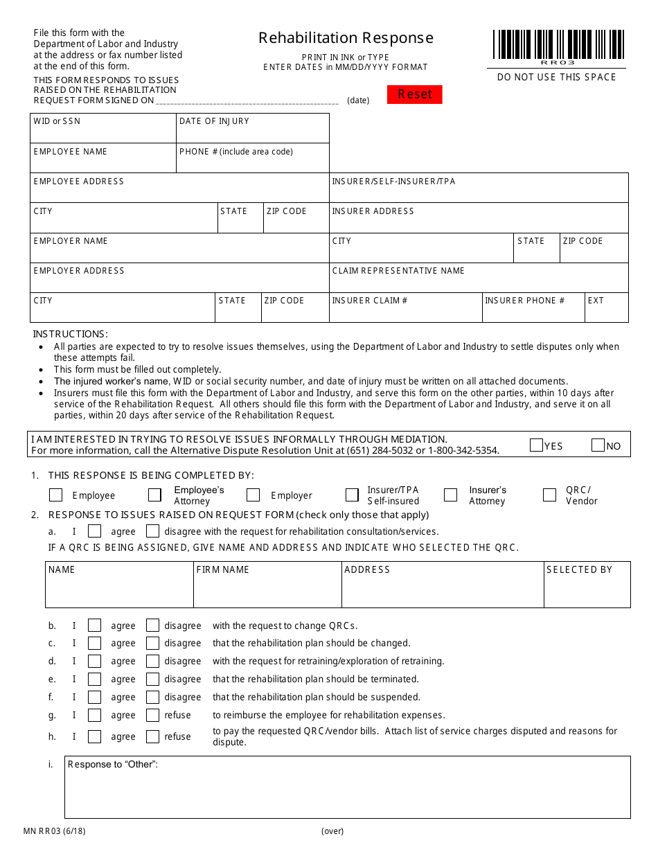 Form MN RR03 Rehabilitation Response - Minnesota, Page 1