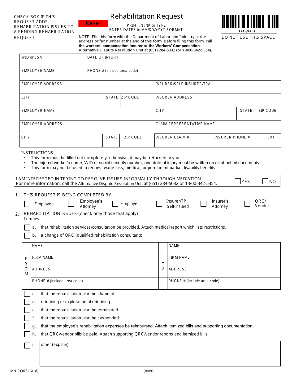 Form MN RQ03 Rehabilitation Request - Minnesota, Page 1
