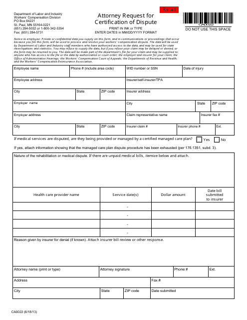 Form CA0022 Attorney Request for Certification of Dispute - Minnesota