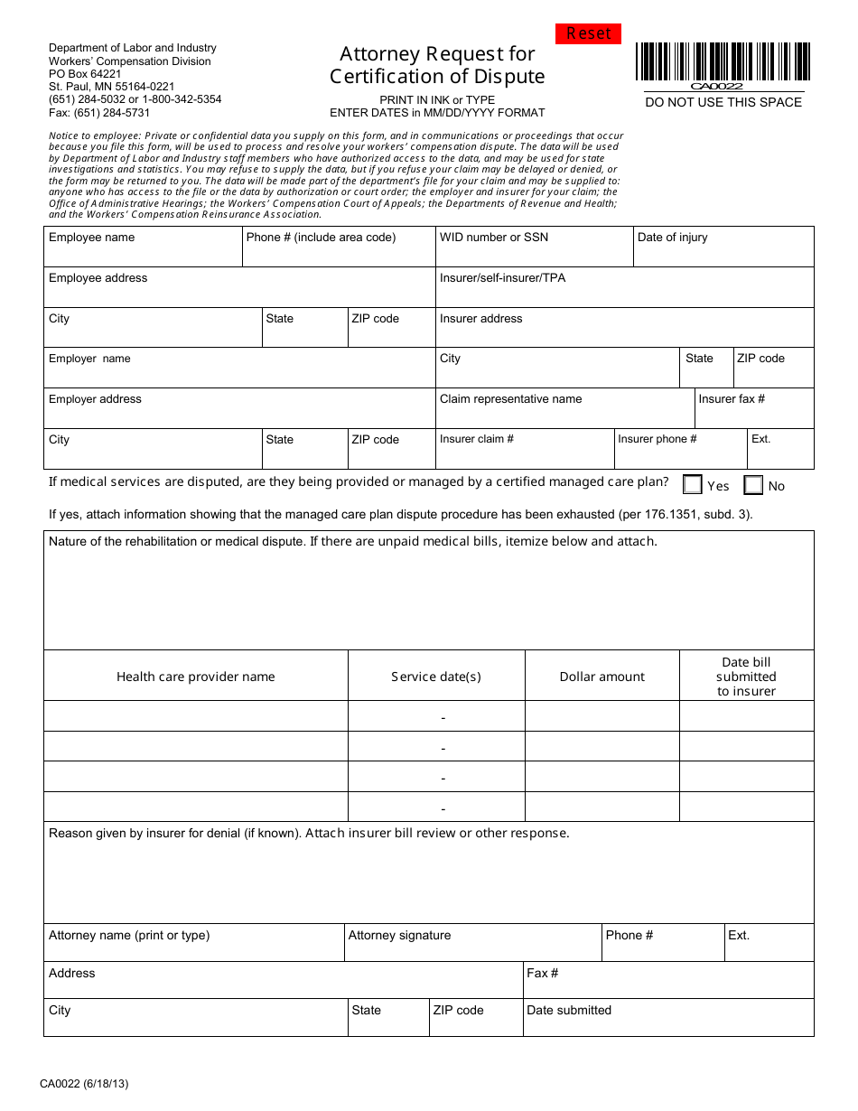 Form CA0022 - Fill Out, Sign Online and Download Fillable PDF ...