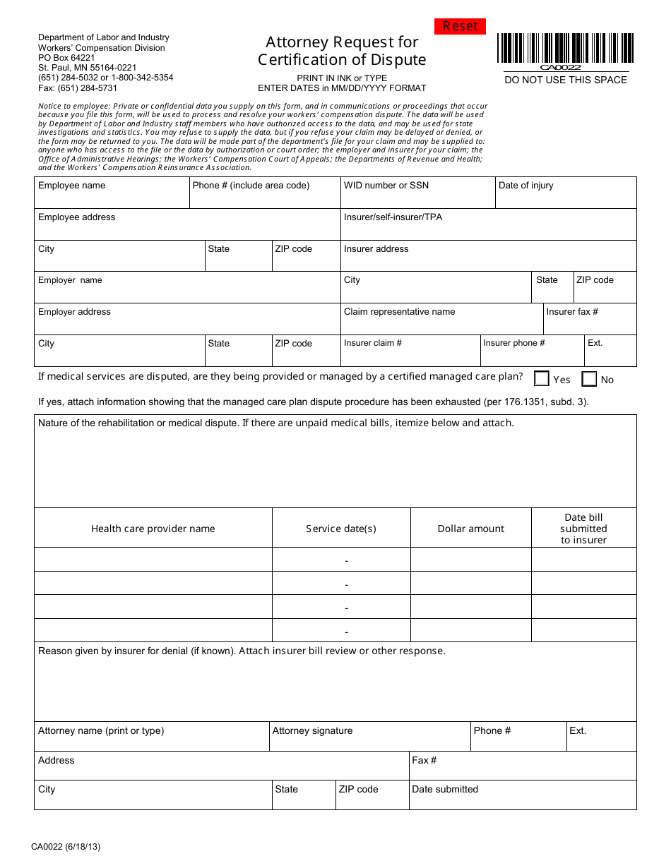 Form CA0022 Attorney Request for Certification of Dispute - Minnesota, Page 1