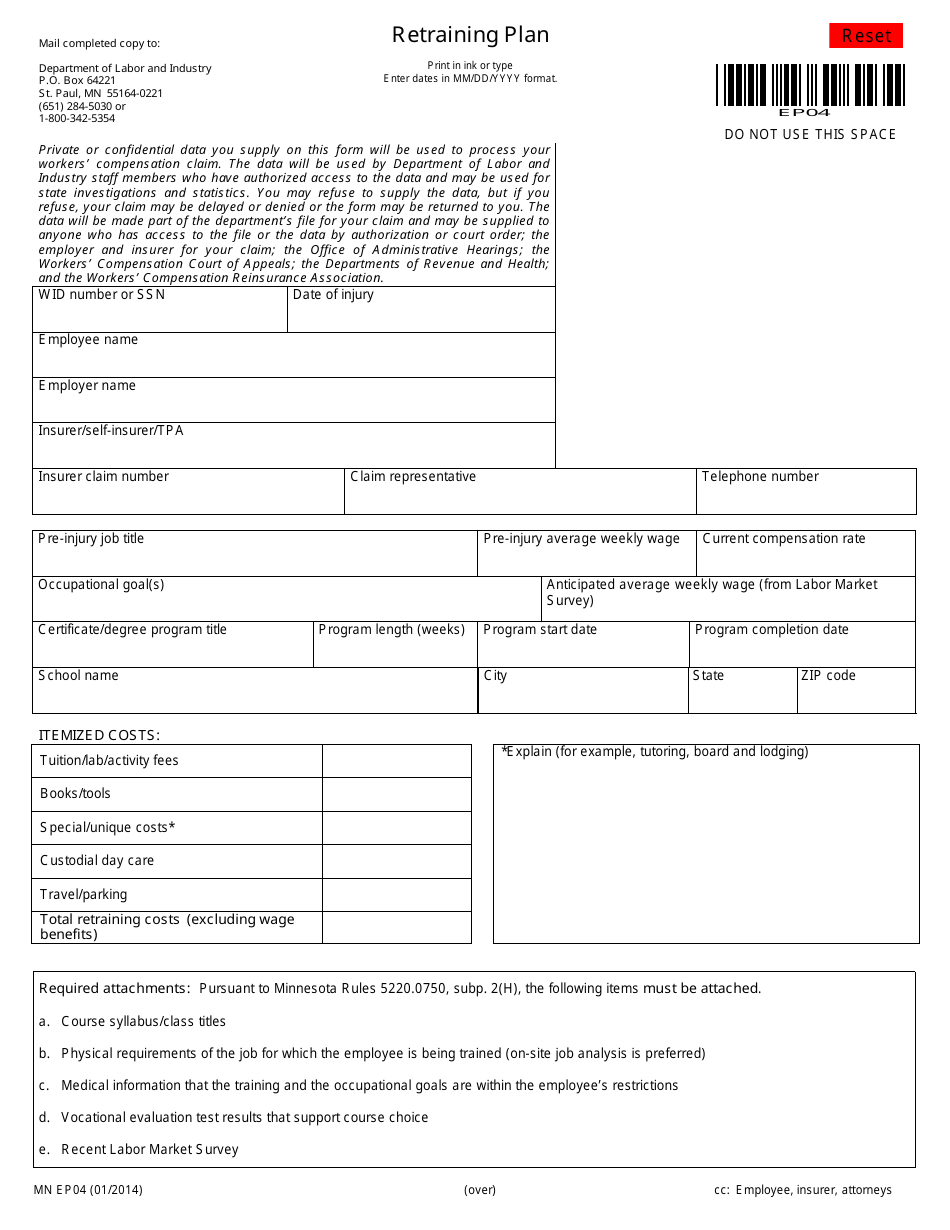 Form MN EP04 Retraining Plan - Minnesota, Page 1