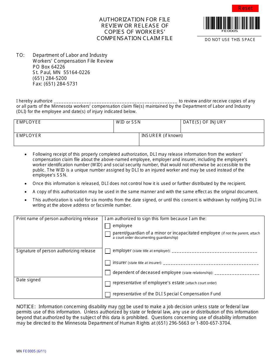 Form MN FE0005 Authorization for File Review or Release of Copies of Workers Compensation Claim File - Minnesota, Page 1