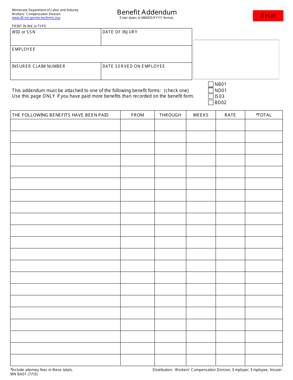 Form MN BA01 Benefit Addendum - Minnesota, Page 1