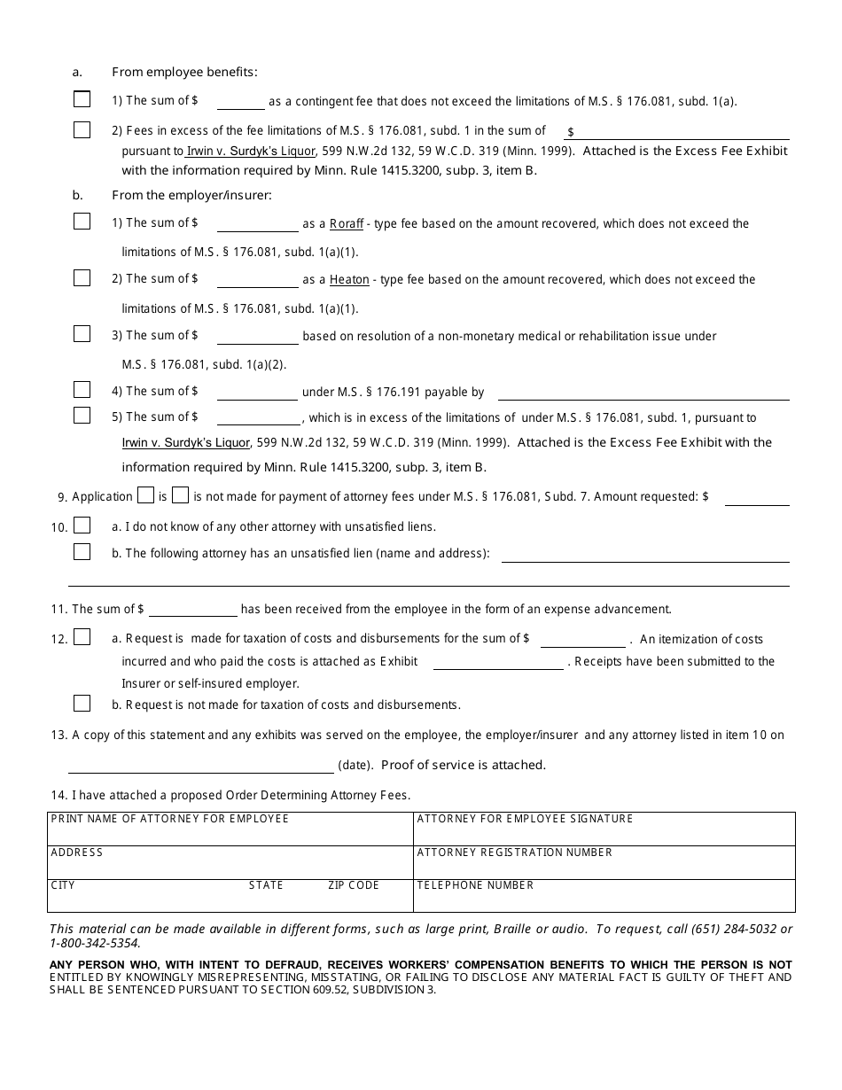 Form MN SA04 Statement of Attorney Fees and Costs - Minnesota, Page 2