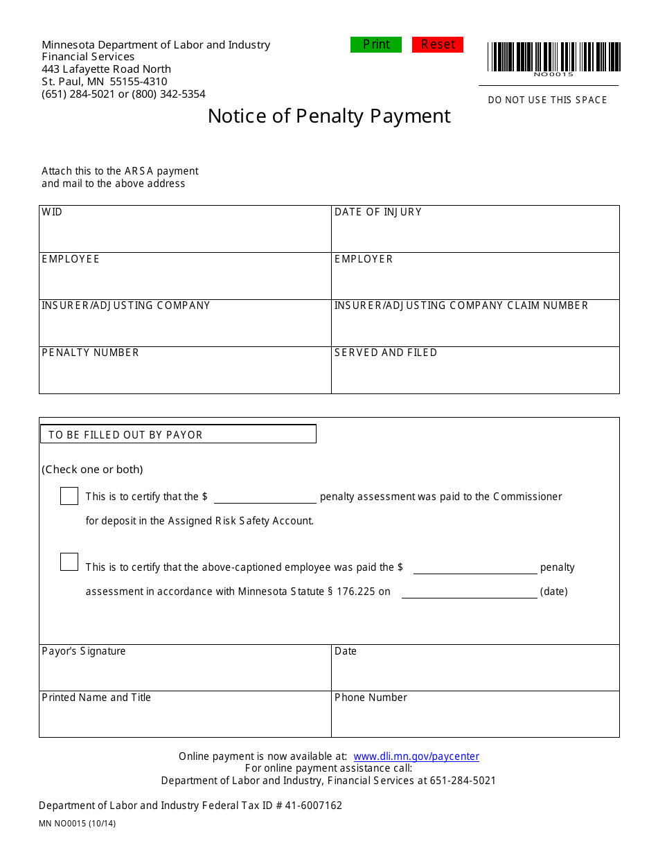Form MN NO0015 Notice of Penalty Payment - Minnesota, Page 1