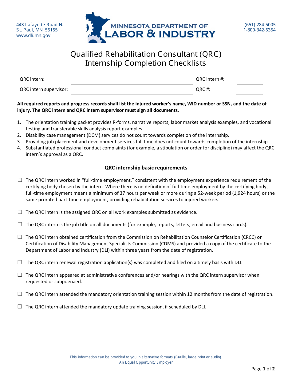 Qualified Rehabilitation Consultant (Qrc) Internship Completion Checklists - Minnesota, Page 1