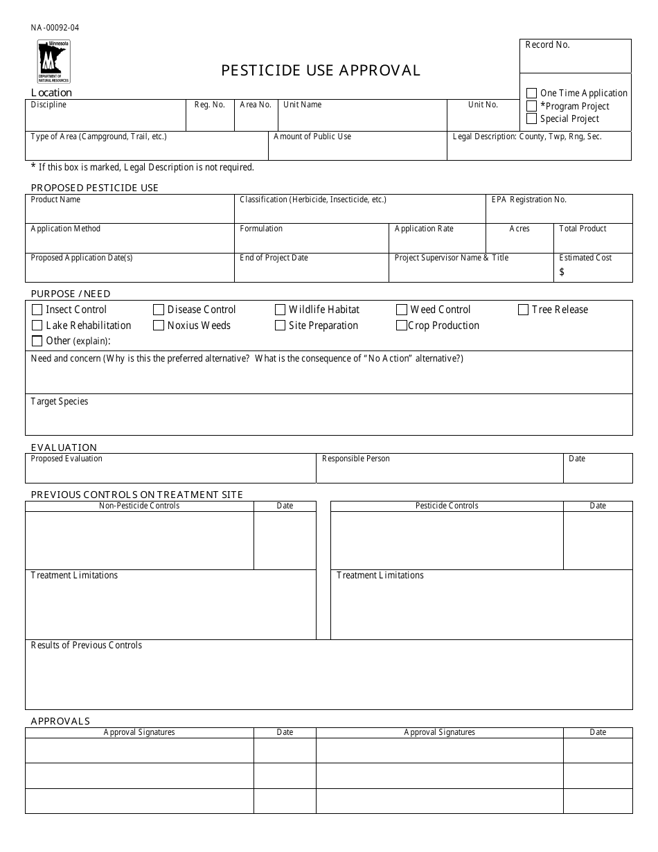 Form NA-00092-04 Pesticide Use Approval - Minnesota, Page 1