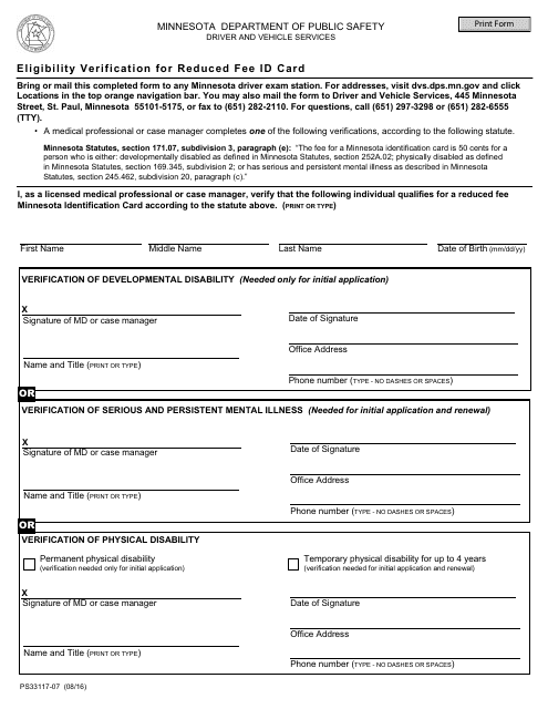 Form PS33117-07 Eligibility Verification for Reduced Fee Id Card - Minnesota
