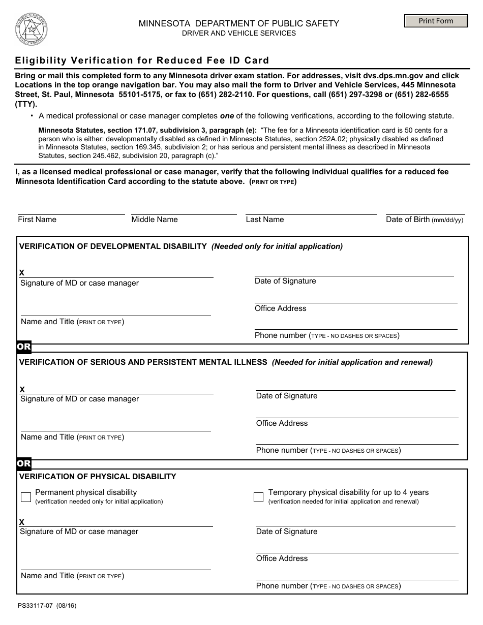 Form PS33117-07 Eligibility Verification for Reduced Fee Id Card - Minnesota, Page 1