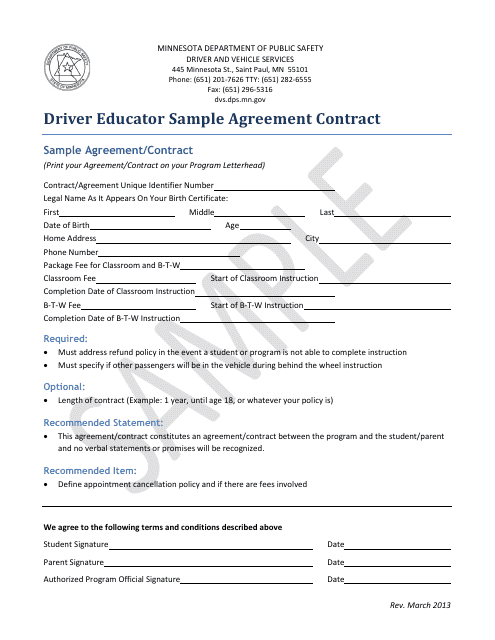 Driver Educator Sample Agreement Contract - Minnesota Download Pdf