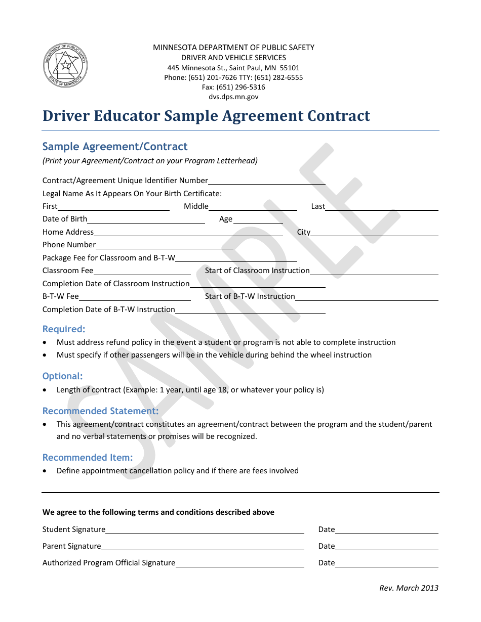 Driver Educator Sample Agreement Contract - Minnesota, Page 1