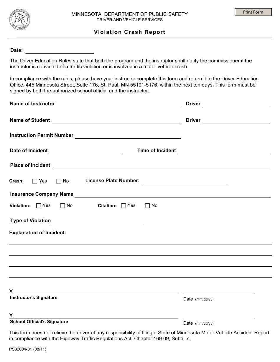Form PS32004-01 Violation Crash Report - Minnesota, Page 1