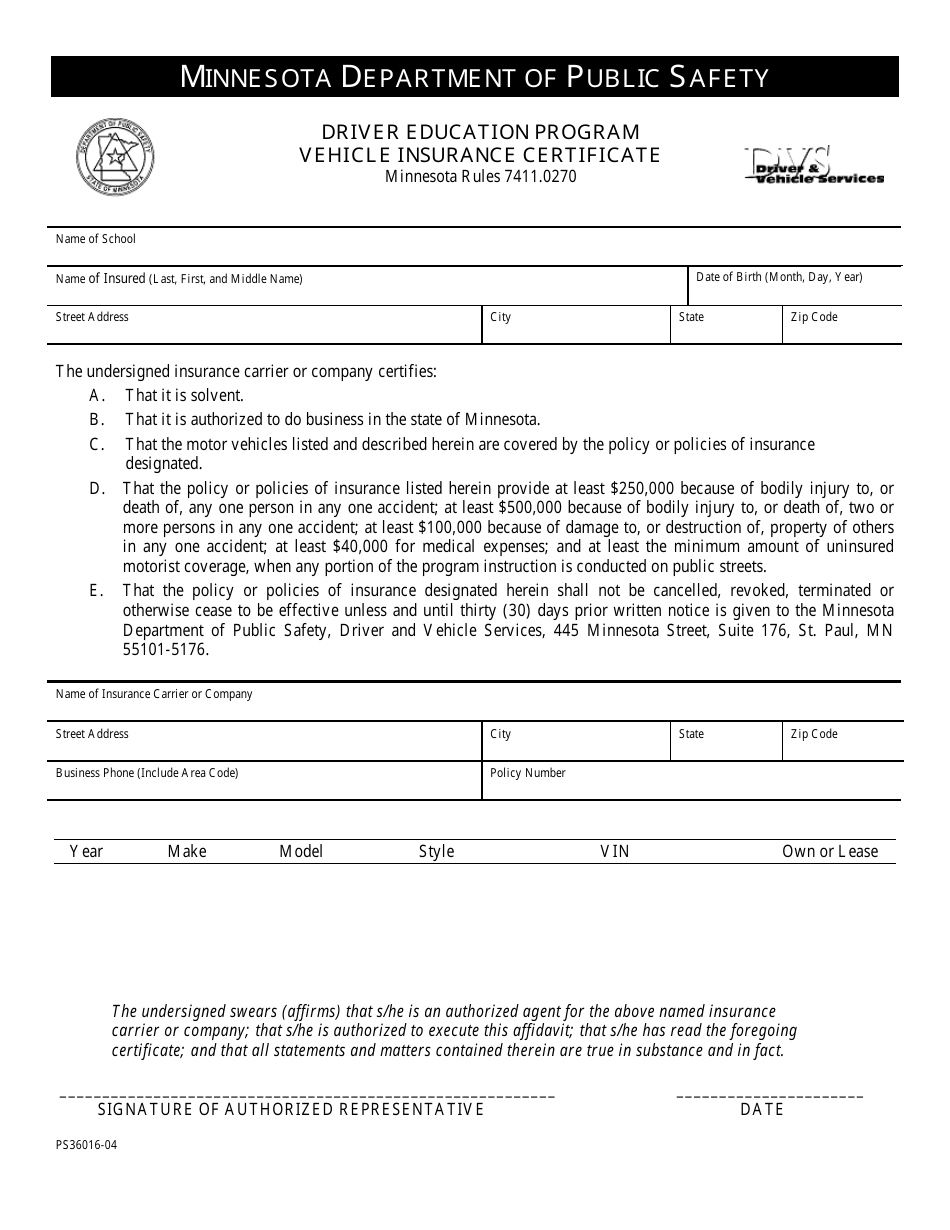 Form PS36016-04 Vehicle Insurance Certificate - Driver Education Program - Minnesota, Page 1