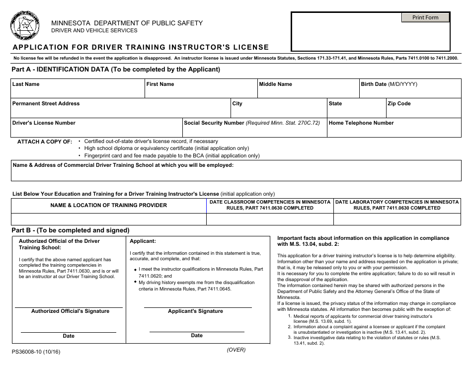 Form PS36008-10 Application for Driver Training Instructors License - Minnesota, Page 1