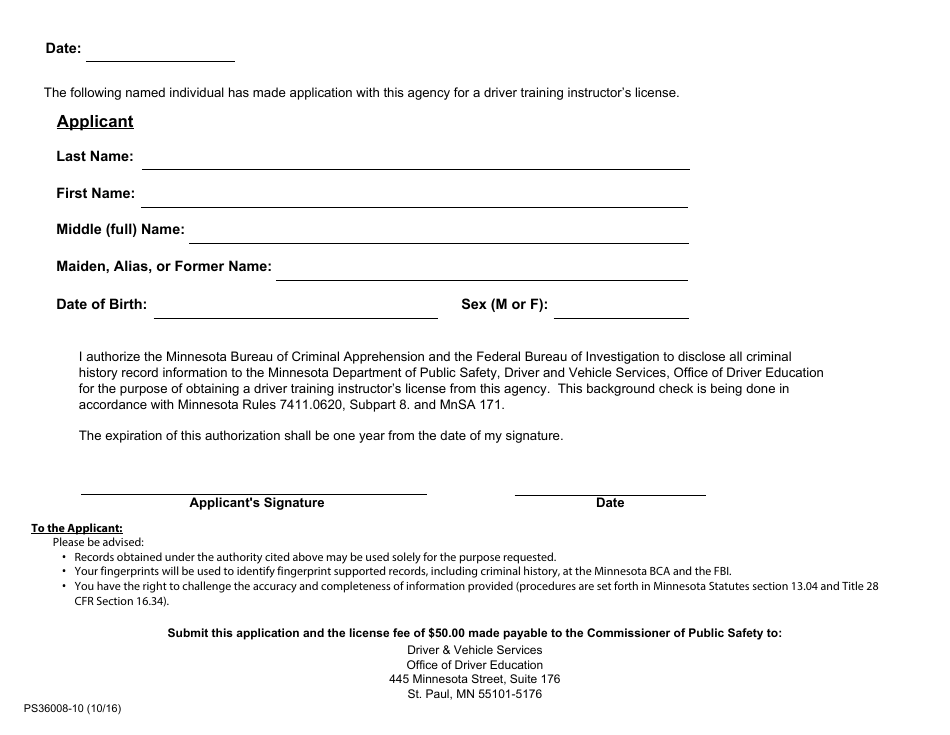 Form PS36008-10 Application for Driver Training Instructors License - Minnesota, Page 2