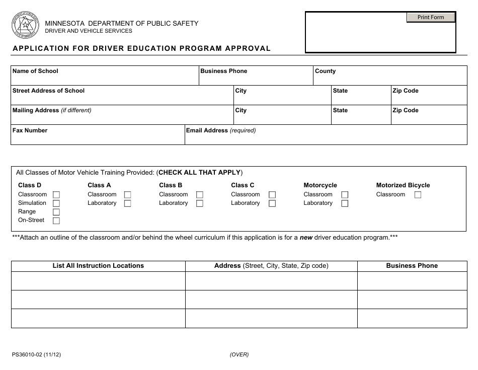Form PS36010-02 Application for Driver Education Program Approval - Minnesota, Page 1