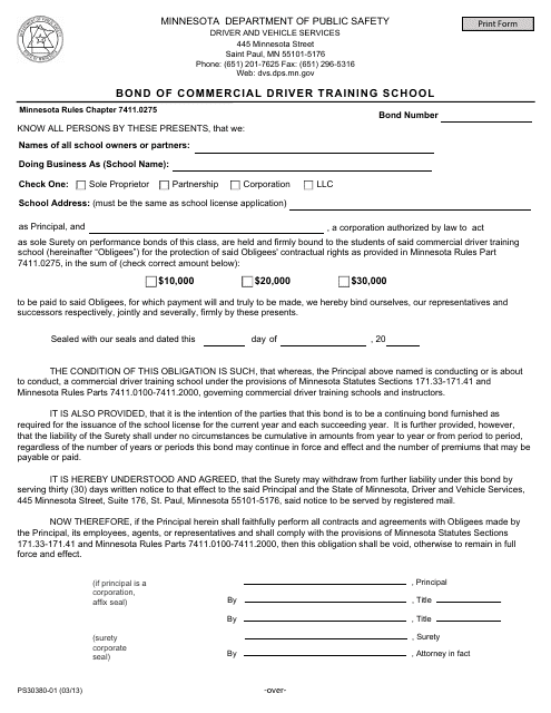 Form PS30380-01 Bond of Commercial Driver Training School - Minnesota