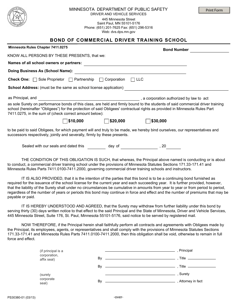 Form PS30380-01 Bond of Commercial Driver Training School - Minnesota, Page 1