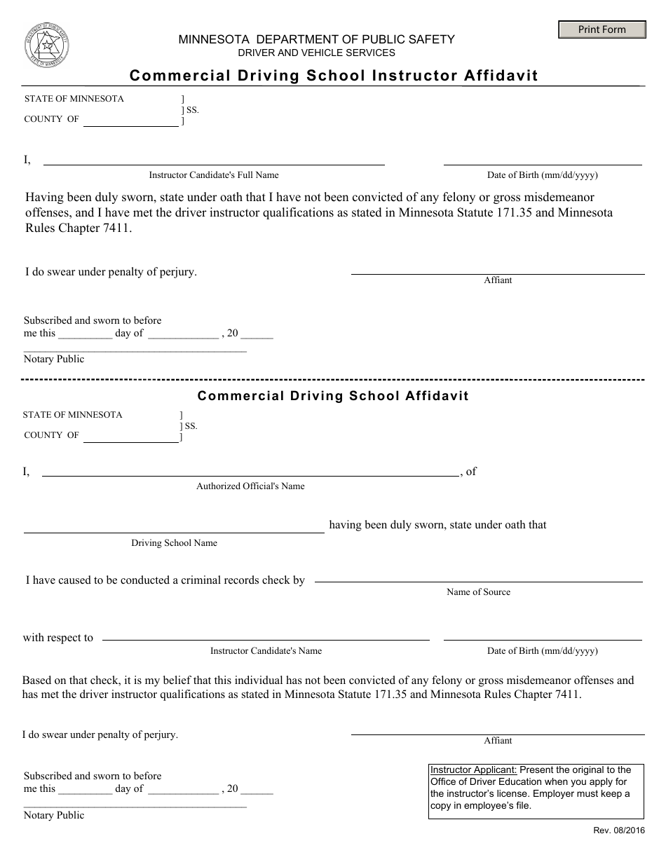 Commercial Driving School Instructor Affidavit Form - Minnesota, Page 1