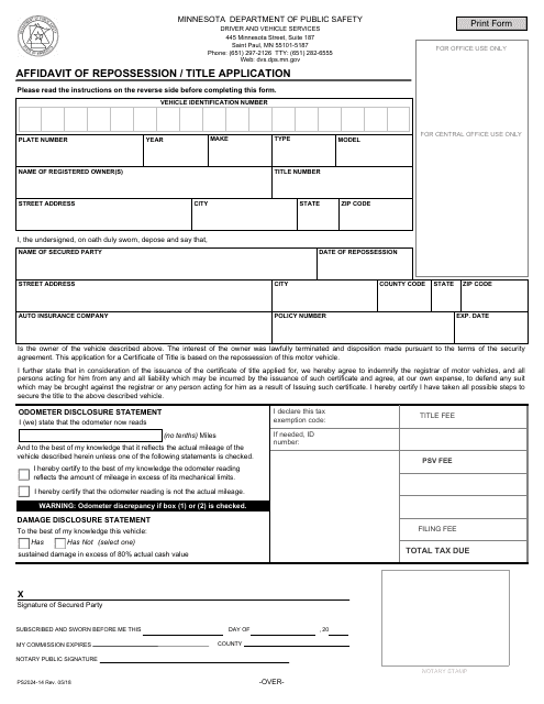Form PS2024-14 Affidavit of Repossession / Title Application - Minnesota