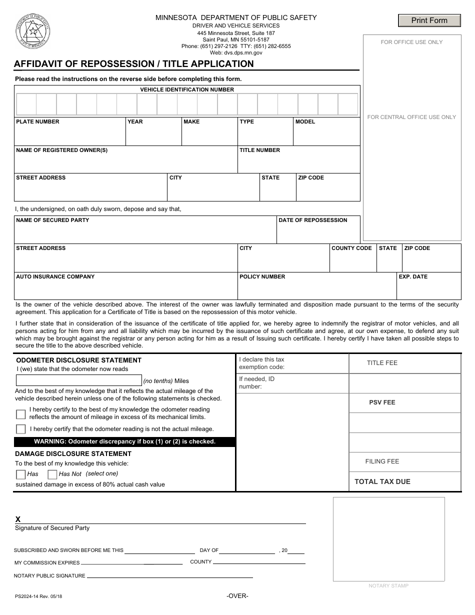 Form PS2024-14 Affidavit of Repossession / Title Application - Minnesota, Page 1