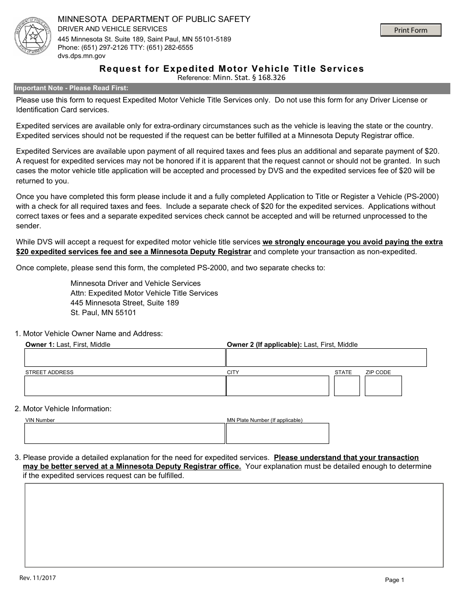 Request for Expedited Motor Vehicle Title Services - Minnesota, Page 1