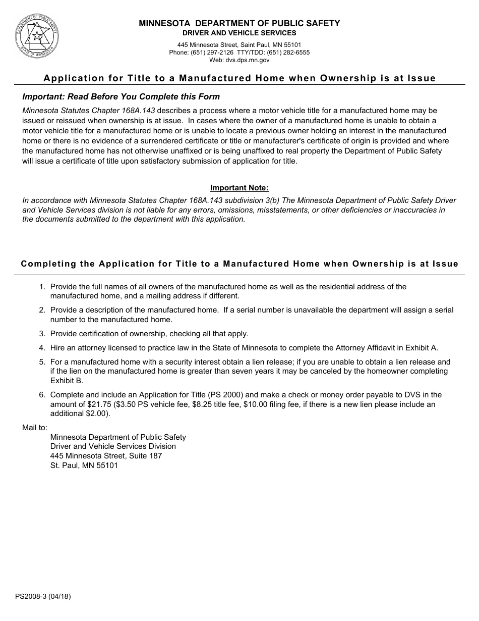 Form PS2008-3 Application for Title to a Manufactured Home When Ownership Is at Issue - Minnesota, Page 1
