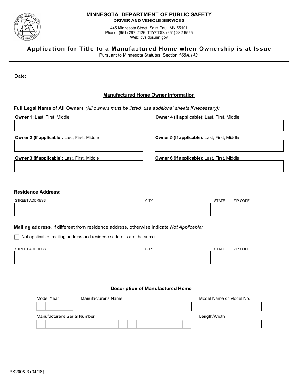 Form PS2008-3 Application for Title to a Manufactured Home When Ownership Is at Issue - Minnesota, Page 2