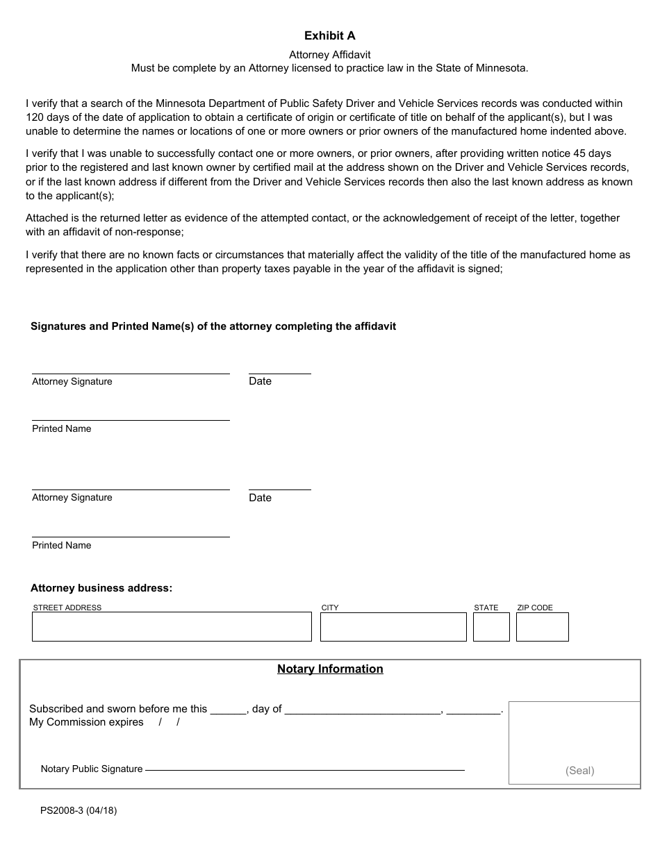 Form PS2008-3 Application for Title to a Manufactured Home When Ownership Is at Issue - Minnesota, Page 4