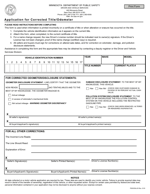 Form PS2025A-20 Application for Corrected Title/Odometer - Minnesota