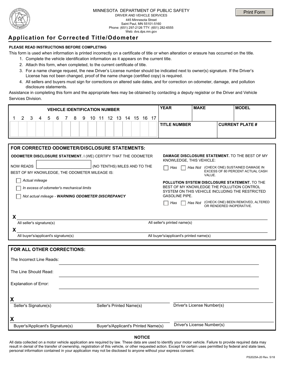 Form PS2025A-20 Application for Corrected Title / Odometer - Minnesota, Page 1