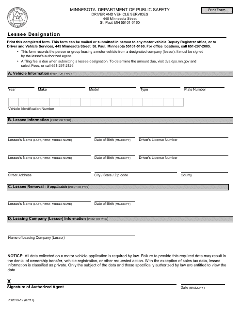 Form PS2019-12 Lessee Designation - Minnesota