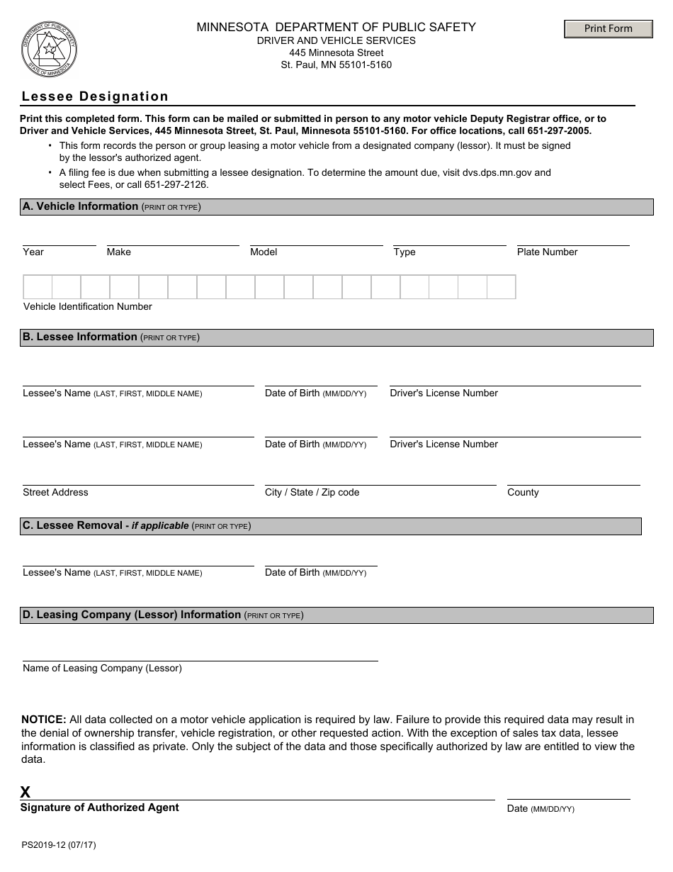 Form PS2019-12 Lessee Designation - Minnesota, Page 1