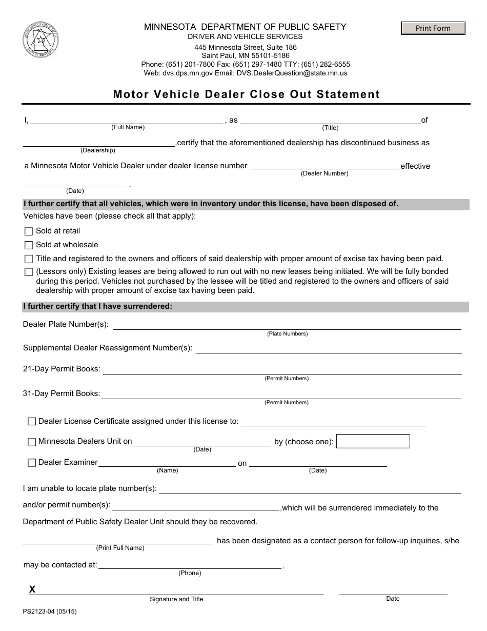 Form PS2123-04 Motor Vehicle Dealer Close out Statement - Minnesota, Page 1